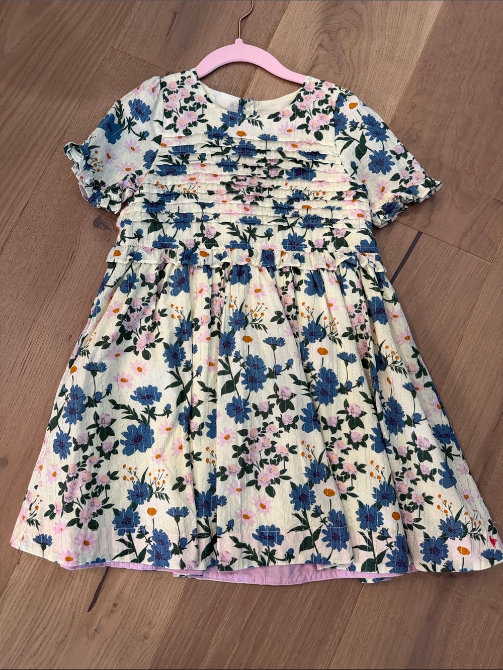 Pink Chicken Cream Floral Pintuck Dress with Blue and Pink Flowers